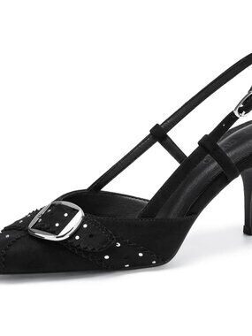 Coutgo Women's Suede Black Pointed Toe Slingback Buckle Ankle Strap Heel Shoes